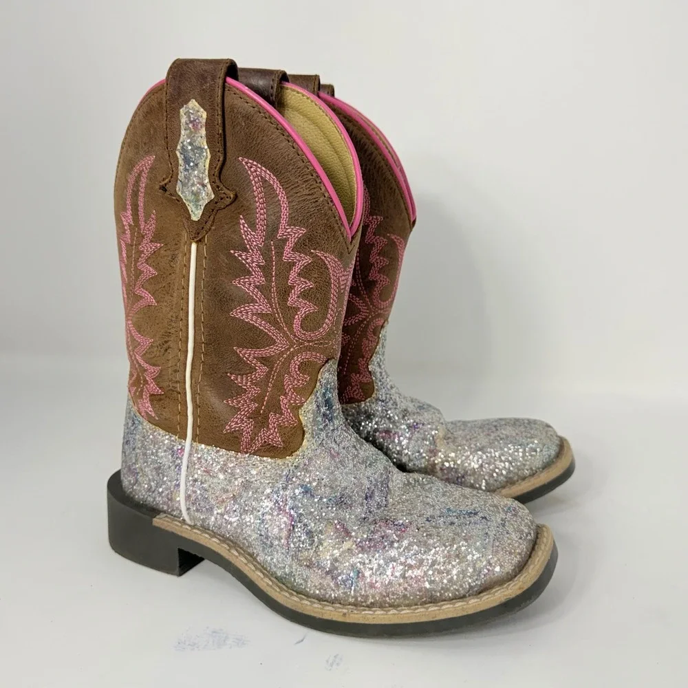 Smoky Mountain Boots Girls Silver Glitter Brown Leather Western Boots  Sz 11